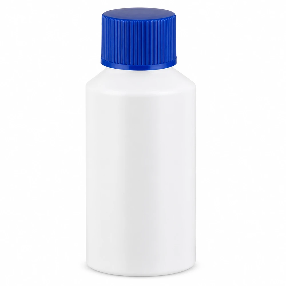Apoteksflaska HDPE 50ml vit, med blått skruvlock Apoteksflaska i HDPE, 50 ml, vit med blå skruvkork för farmaceutiska tillämpningar