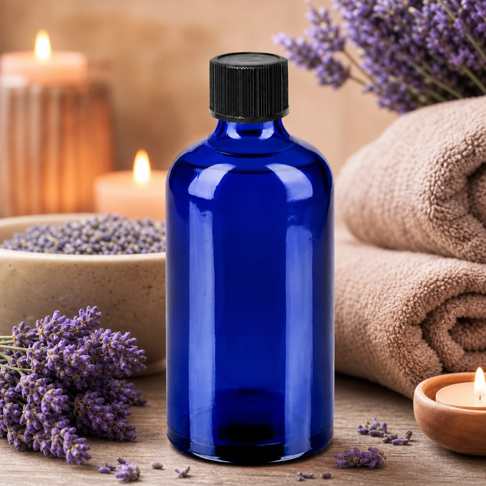 100ml Droppflaska 1mm svart standardförslutning BlueLine UT18/100 Apotekarflaska 100ml i koboltblått med svart dropplock för aromaterapi och wellness