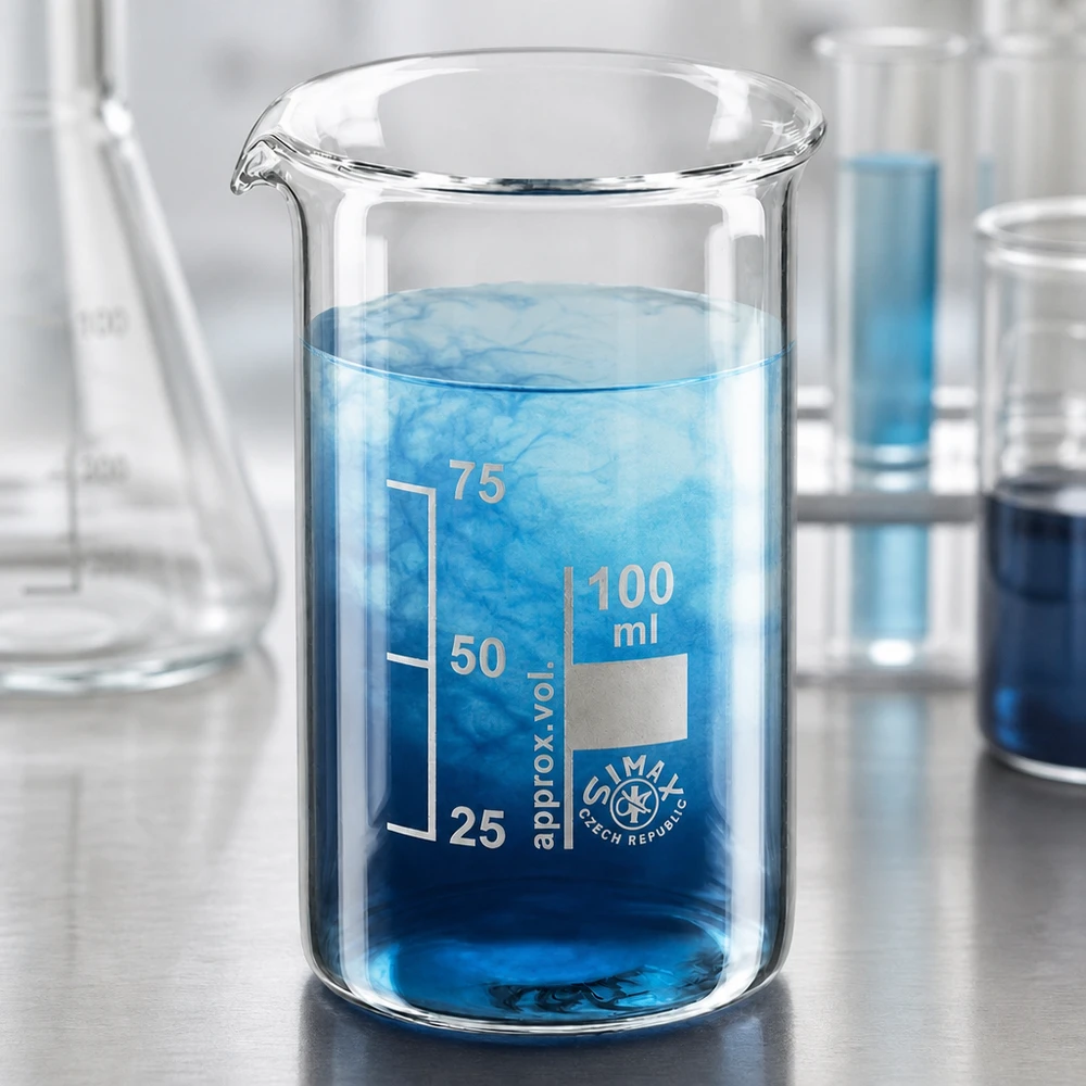 Bägare 100ml borosilikatglas, hög form Simax-bägare, 100 ml, hög modell, med blå lösning och synlig diffusion i laboratoriet
