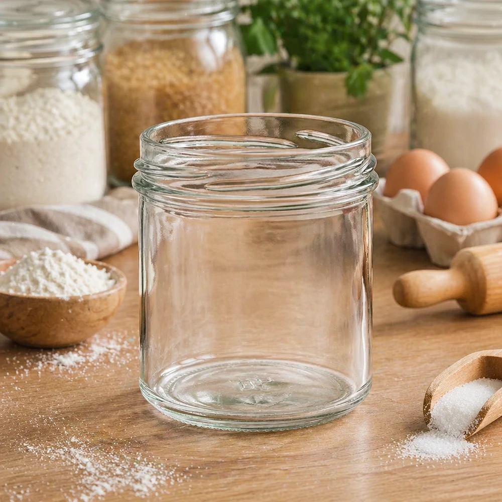 167ml Krossade glasögon utan lock (TO66) UNiTWIST Tomma 167 ml TO66 UNiTWIST-muggar på ett träbord med köksredskap och ingredienser i bakgrunden