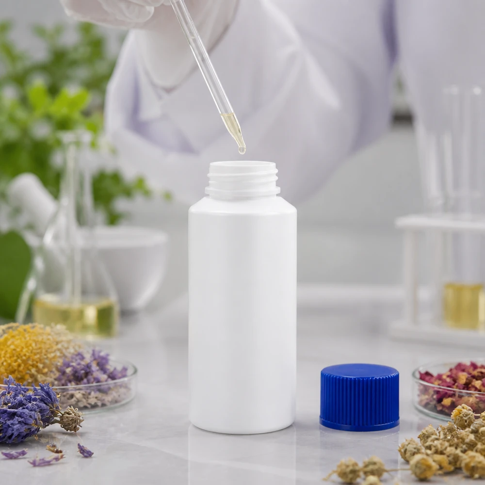 Vit plastflaska på 30 ml med blå barnsäkerhetsförslutning bland torkade blommor i laboratoriet
