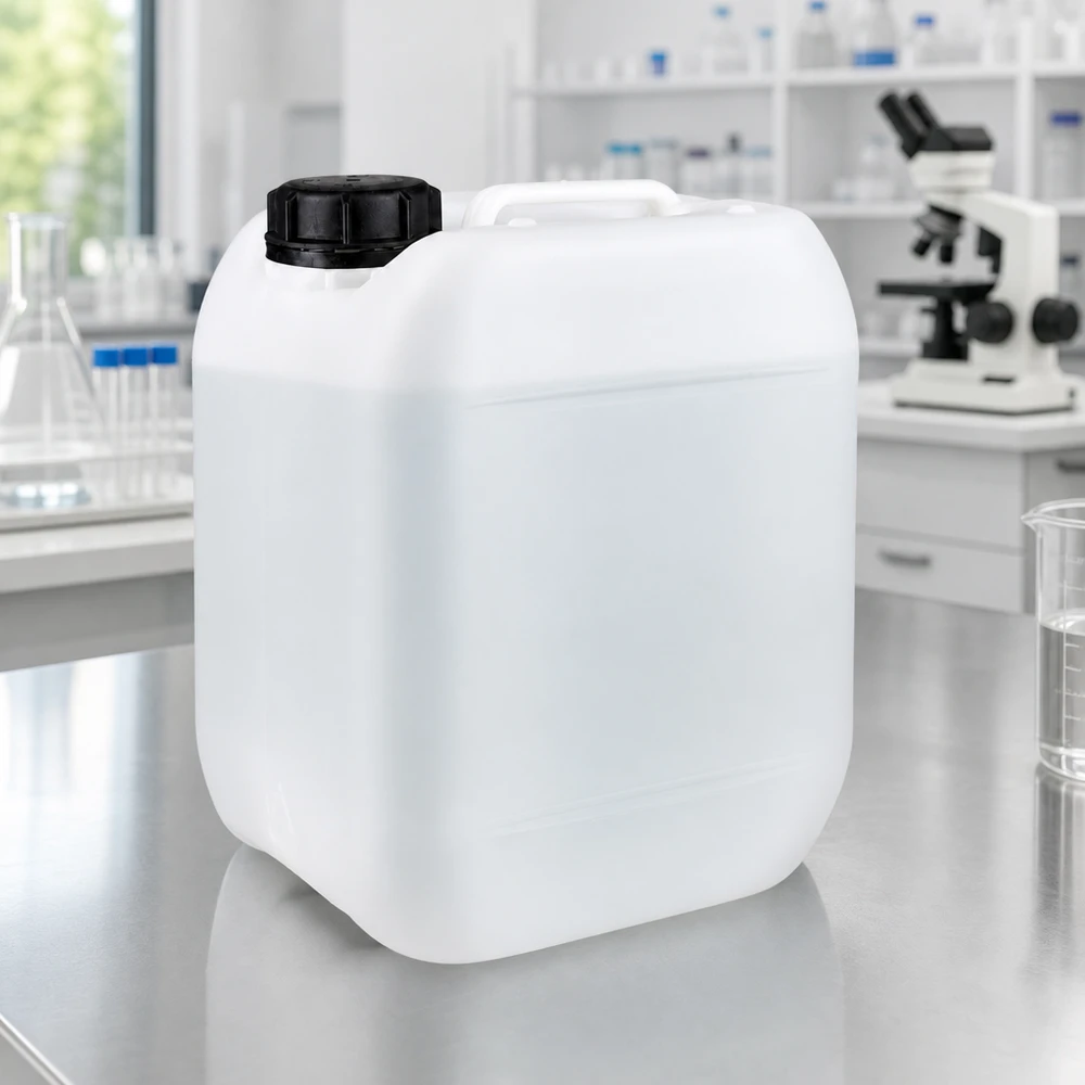 Dunk 5 liter med skruvkork med sabotageskydd 5-liters HDPE-laboratoriedunk med svart skruvlock på ett bord av rostfritt stål i laboratoriet