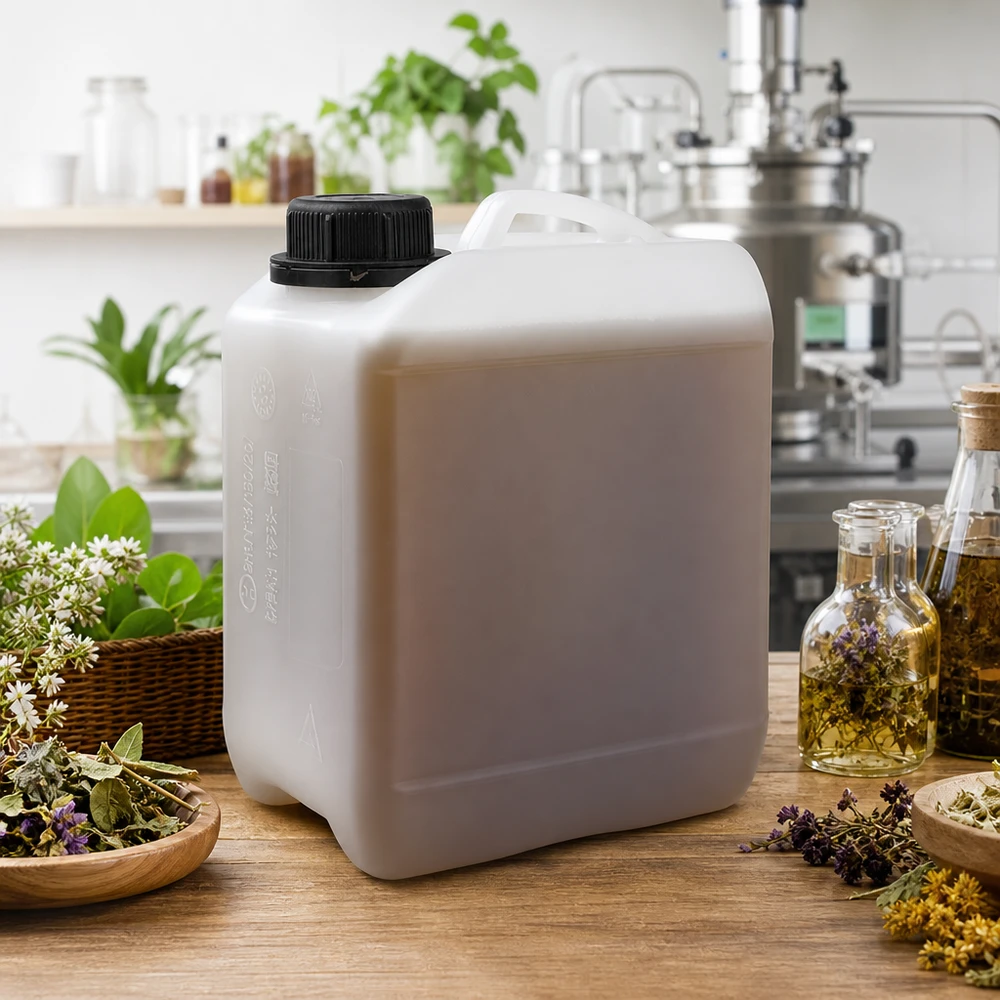 Aromaterapibehållare, 2,5 liter, vit med skruvlock, omgiven av örter och eteriska oljor