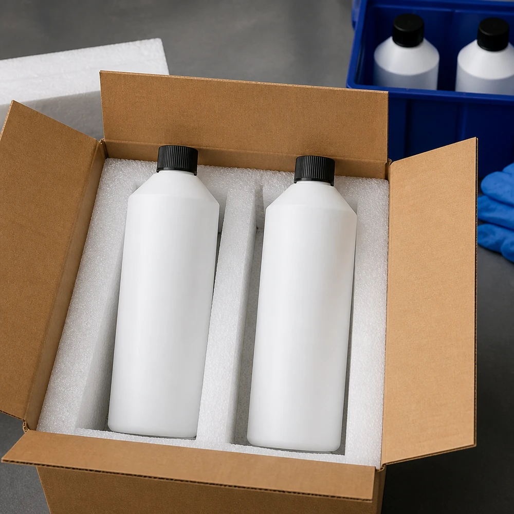 Apoteksflaska HDPE 250ml vit, med svart skruvlock Två vita HDPE-apotekflaskor à 250 ml med svarta skruvlock, säkert förpackade i en kartong