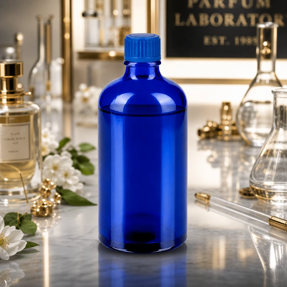 Elegant 100 ml glasflaska i intensiv blå färg för professionella kosmetiklaboratorier