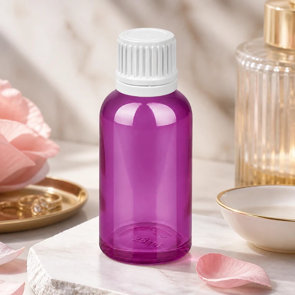 30ml droppflaska 0,7mm vit Originality skruvkork PurpleLine UT18/30 30 ml droppflaska av högkvalitativt glas i elegant lila färg med vitt lock