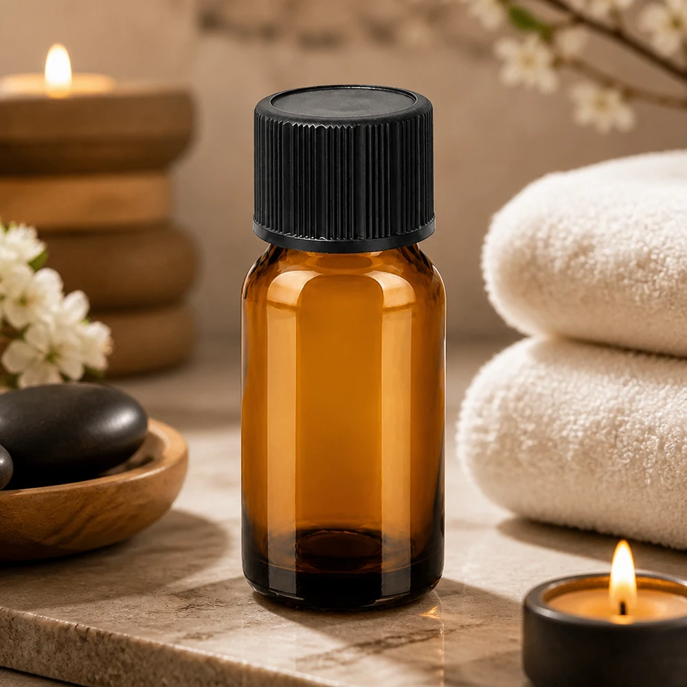 Högkvalitativ bärnstensfärgad glasflaska 10 ml med svart standardlock för aromaterapi och kosmetika