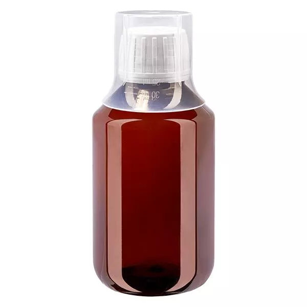 PET-flaska 100ml med vitt lock, manipuleringssäkert lock + mugg PET-flaska 100ml med vitt lock, manipuleringssäkert lock + mugg