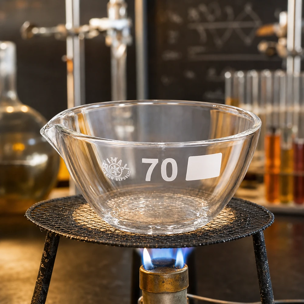 60ml indunstningsskål med pip av borosilikat ø70mm Liten laboratorieskål 60ml med ø70mm pip tillverkad av robust borosilikatglas för indunstningsprocesser