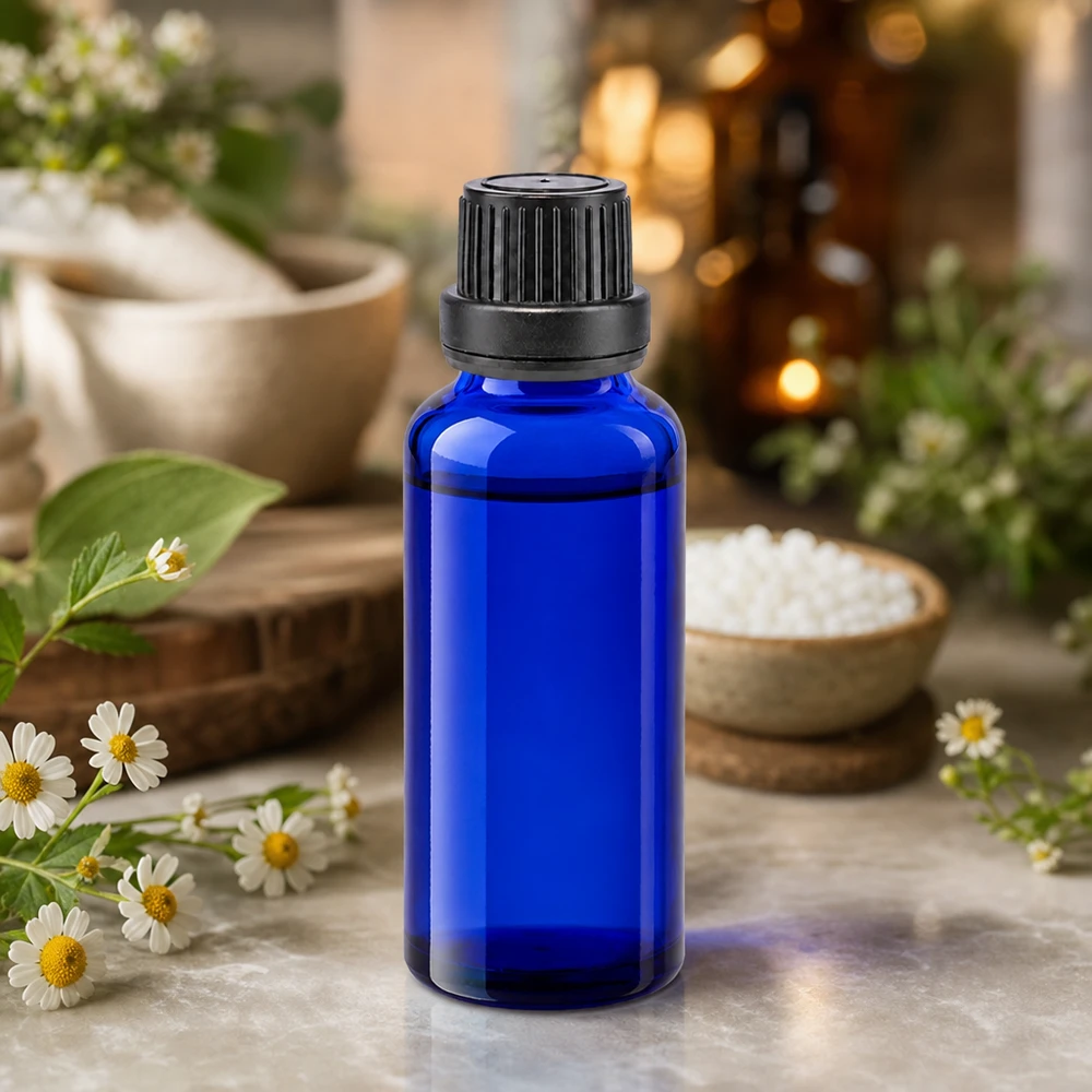 Apoteksflaska blå 30ml skruvkork svart manipuleringssäker förslutning Liten 30 ml apoteksflaska i koboltblått med barnsäker skruvkork och kamomillblommor