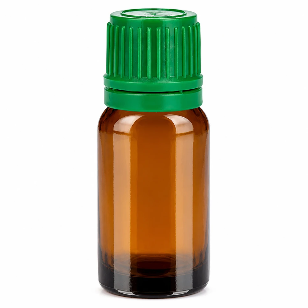 10 ml bärnstensfärgad glasflaska med grönt skruvlock för eteriska oljor och kosmetika