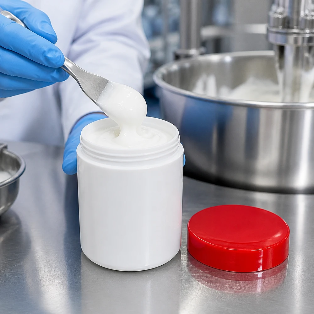 Salvburk 800g vit med rött skruvlock (polypropylen) Läkemedelsburk för salva, 800 g, plast, vit, med rött skruvlock, fylld med kräm
