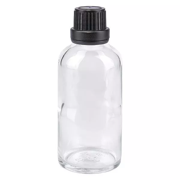 Apoteksflaska klar 50ml skruvkork svart manipulationsskyddad förslutning Apoteksflaska klar 50ml skruvkork svart manipulationsskyddad förslutning