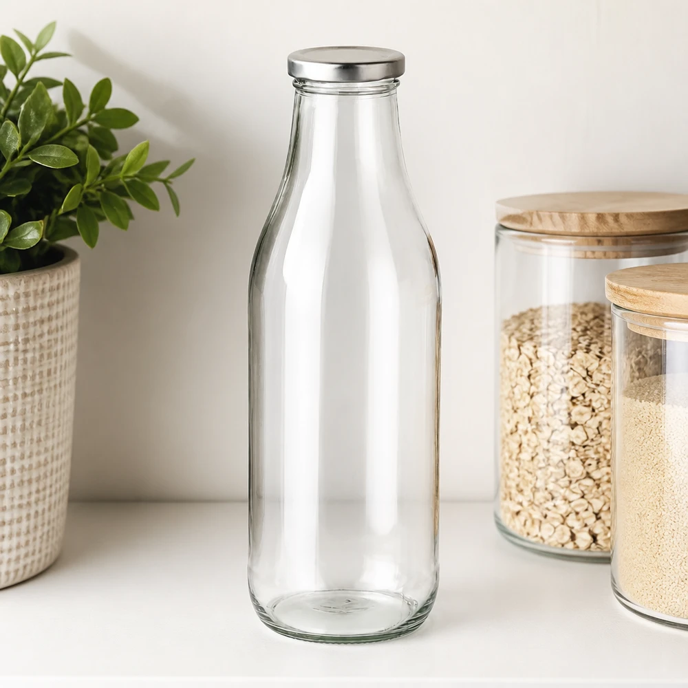 1000 ml glasflaska med BasicSeal-lock silver bredvid förvaringsburkar med flingor och växter modern köksorganisation
