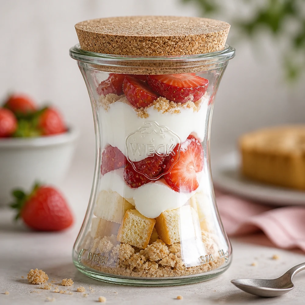 WECK-burk 370ml RR80 som dessertbägare fylld med en lagrad dessert av jordgubbar, yoghurt och kexsmulor