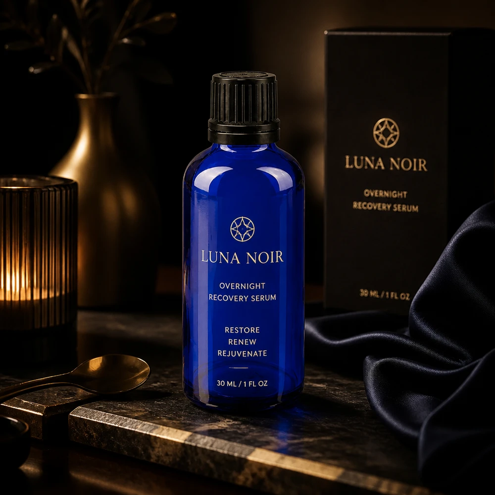 Apoteksflaska blå 50ml skruvkork svart hällring manipuleringssäker förslutning Luna Noir Overnight Recovery Serum i en koboltblå 50 ml apoteksflaska med droppflaska