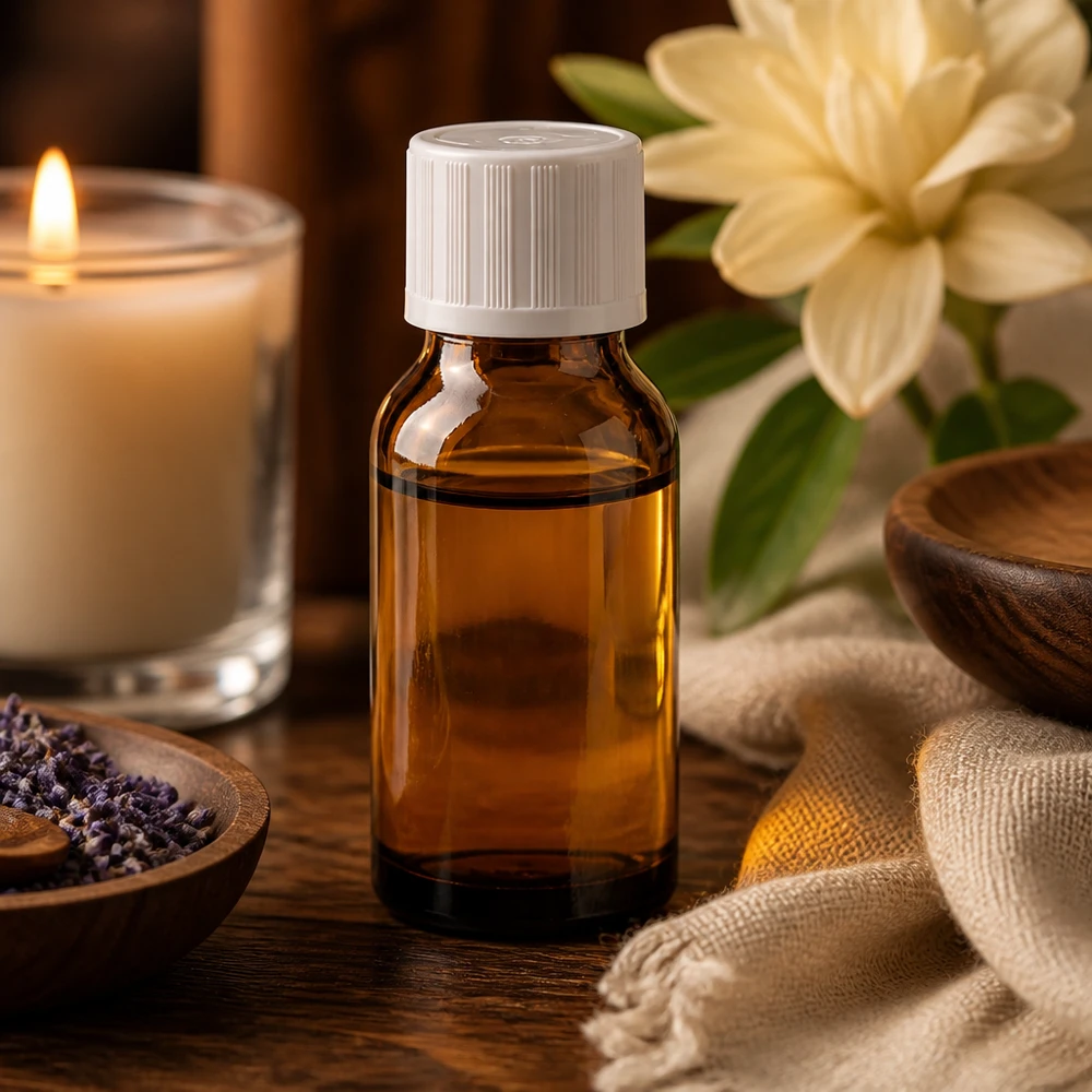Brunglasflaska med droppspets, 30 ml, med vitt KiSi-lock framför ett brinnande stearinljus och blommor på ett träbord