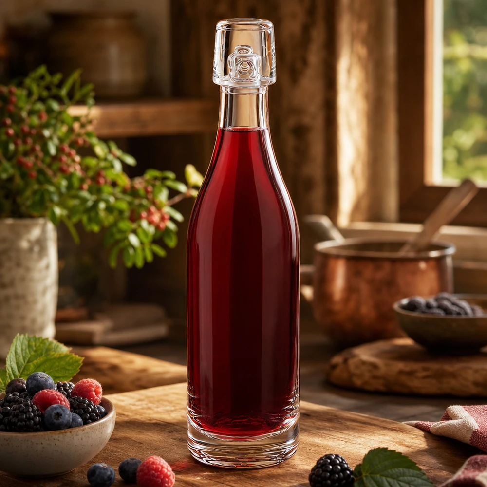 50ml glasflaska utan svängbar topp UNiTWIST 50 ml glasflaska UNiTWIST fylld med rödbärsjuice bredvid färska bär på ett rustikt köksbord i trä