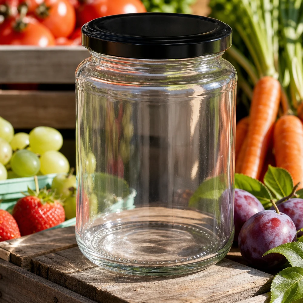 382ml runt glas BasicSeal svart omgiven av färsk frukt grönsaker jordgubbar vindruvor morötter plommon utomhus