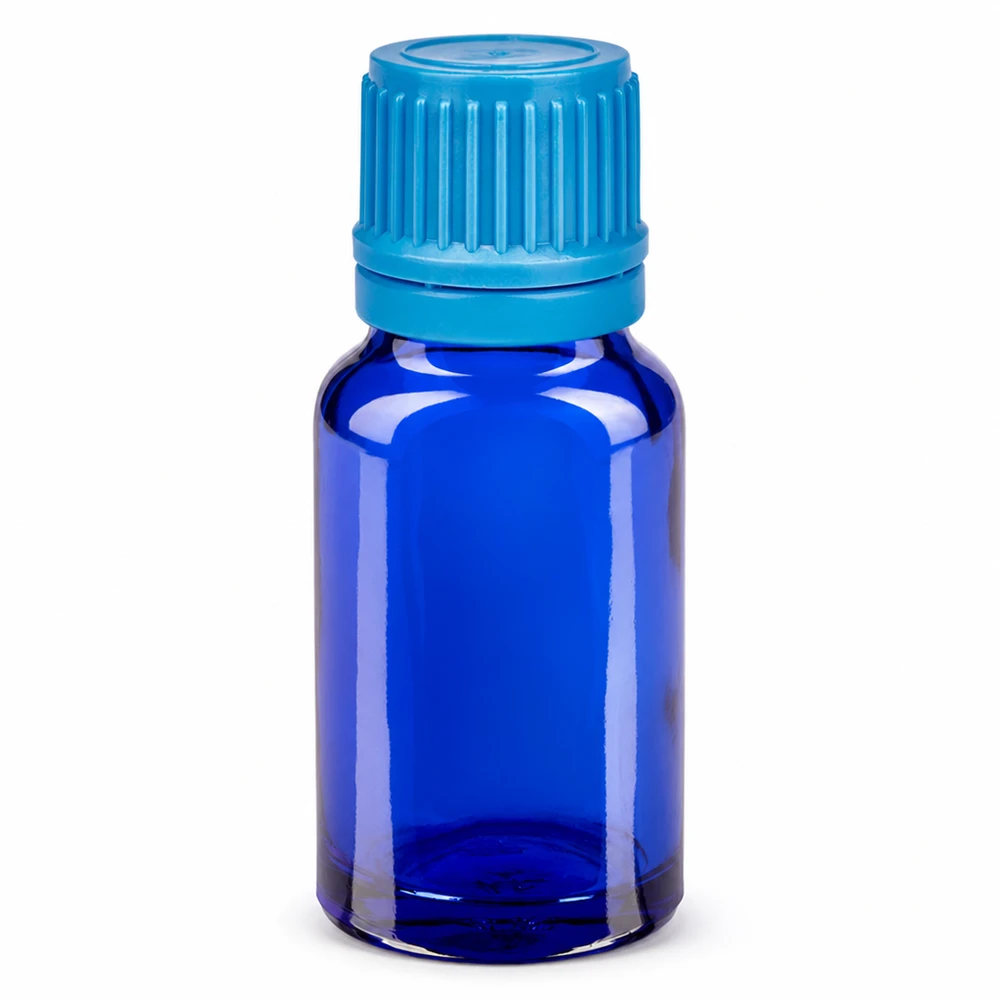 10 ml flaska 11mm skruvkork blå med säkerhetslock BlueLine UT18/10 Blå 10 ml glasflaska med skruvlock för eteriska oljor och kosmetika