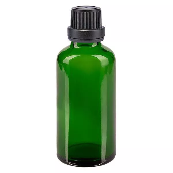 Apoteksflaska grön 50ml dropplock hällring 2mm svart manipuleringssäker förslutning Apoteksflaska grön 50ml dropplock hällring 2mm svart manipuleringssäker förslutning
