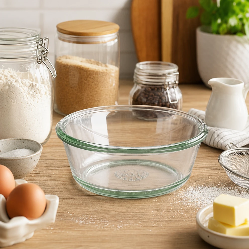 WECK RR120 gourmetburk 300ml som bakskål i köket med mjöl ägg smör visar användning i bakning