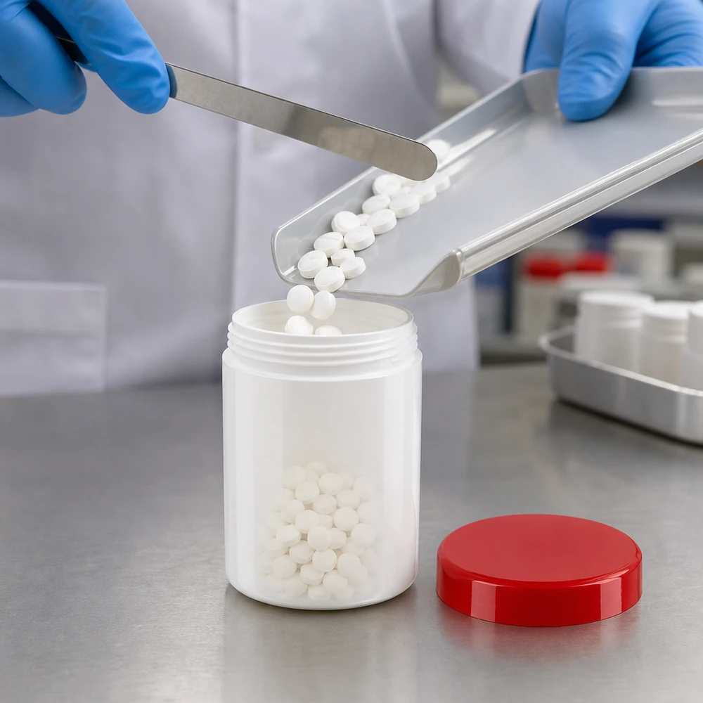 Salvburk 75g vit med rött skruvlock (polypropylen) Farmaceutisk förpackning av vita tabletter i en 75 g PP-burk med rött lock
