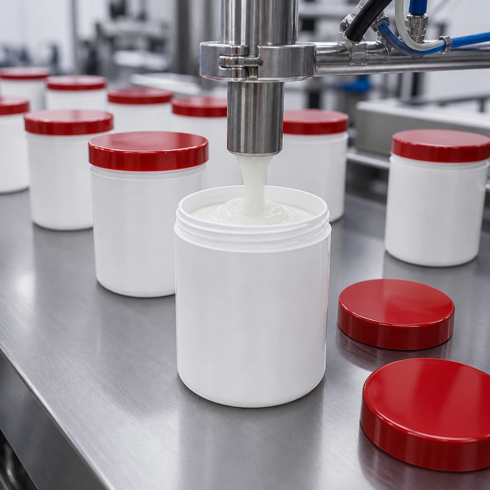 Salvburk 250g vit med rött skruvlock (polypropylen) Industriell förpackning av vita salvorburkar à 250 g med röda PP-skruvlock på rostfritt stålband