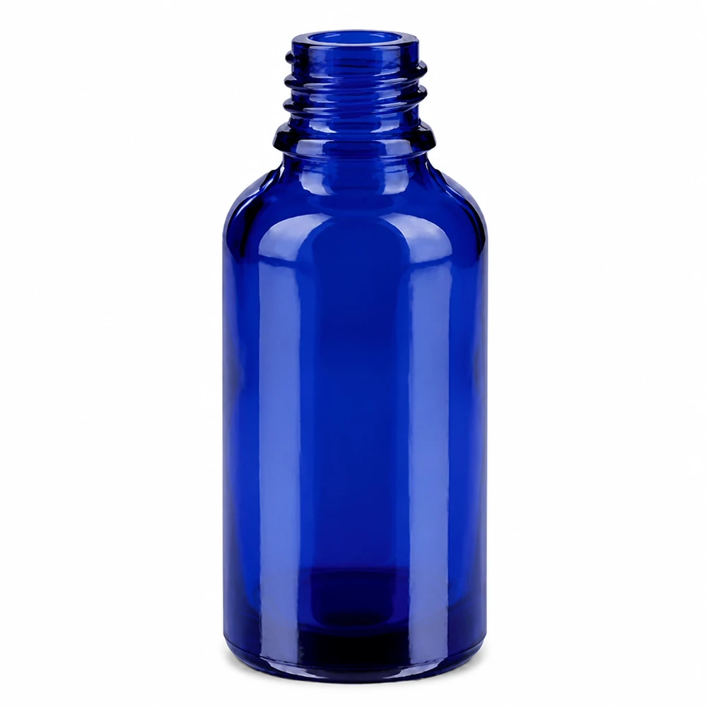 30 ml flaska 11mm skruvkork vit med manipulationsskydd BlueLine UT18/30 Blå 30 ml glasflaska med 11 mm gänga för eteriska oljor och kosmetika