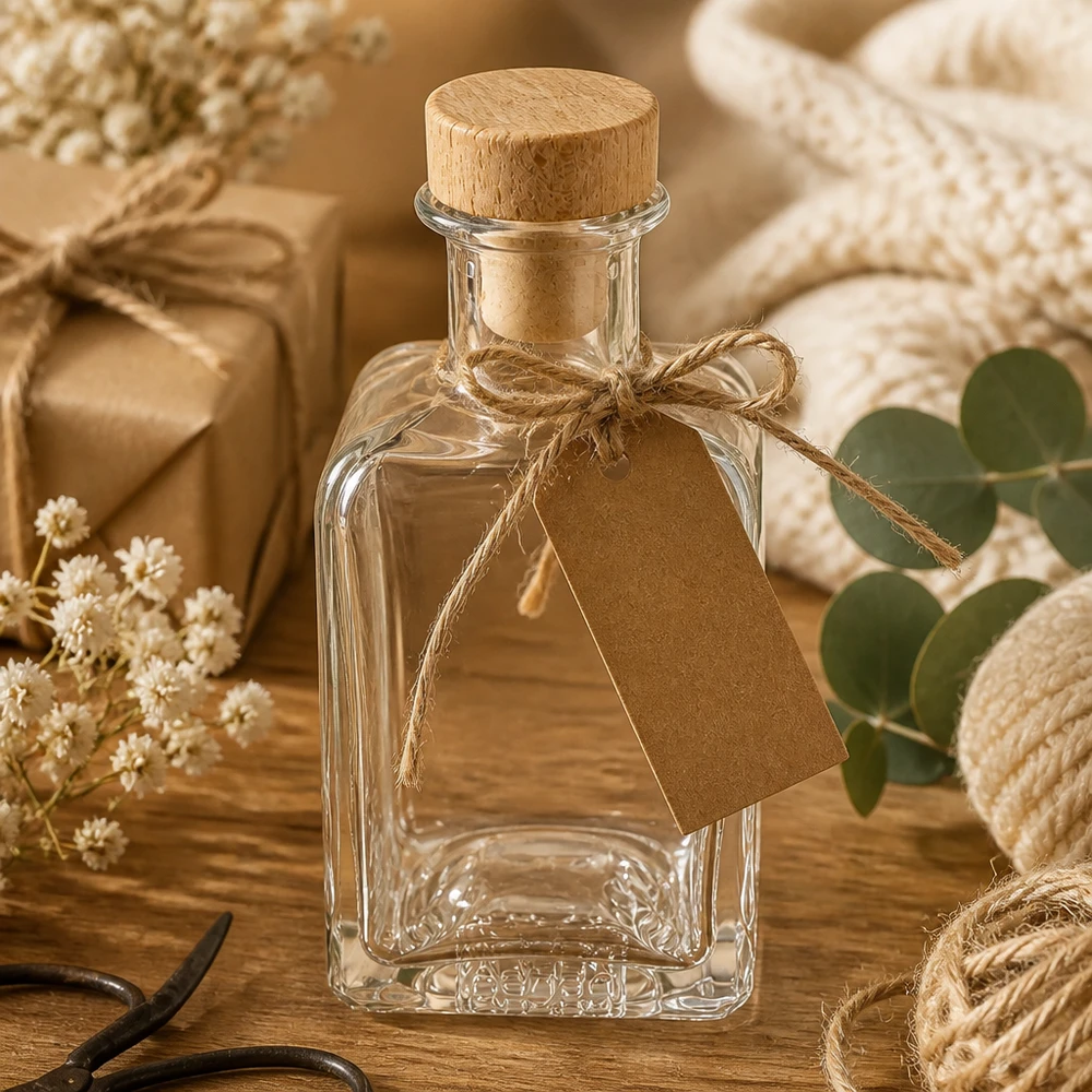 200 ml apoteksflaska Clara med träkork UNiTWIST® 200ml Glasflasche Clara mit Kraftpapier-Anhänger Holzkorken Geschenkverpackung natürliche Materialien Vintage-Stil