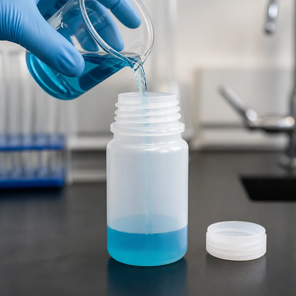 Den blå vätskan hälls i en 50 ml plastflaska med vid hals utan lock