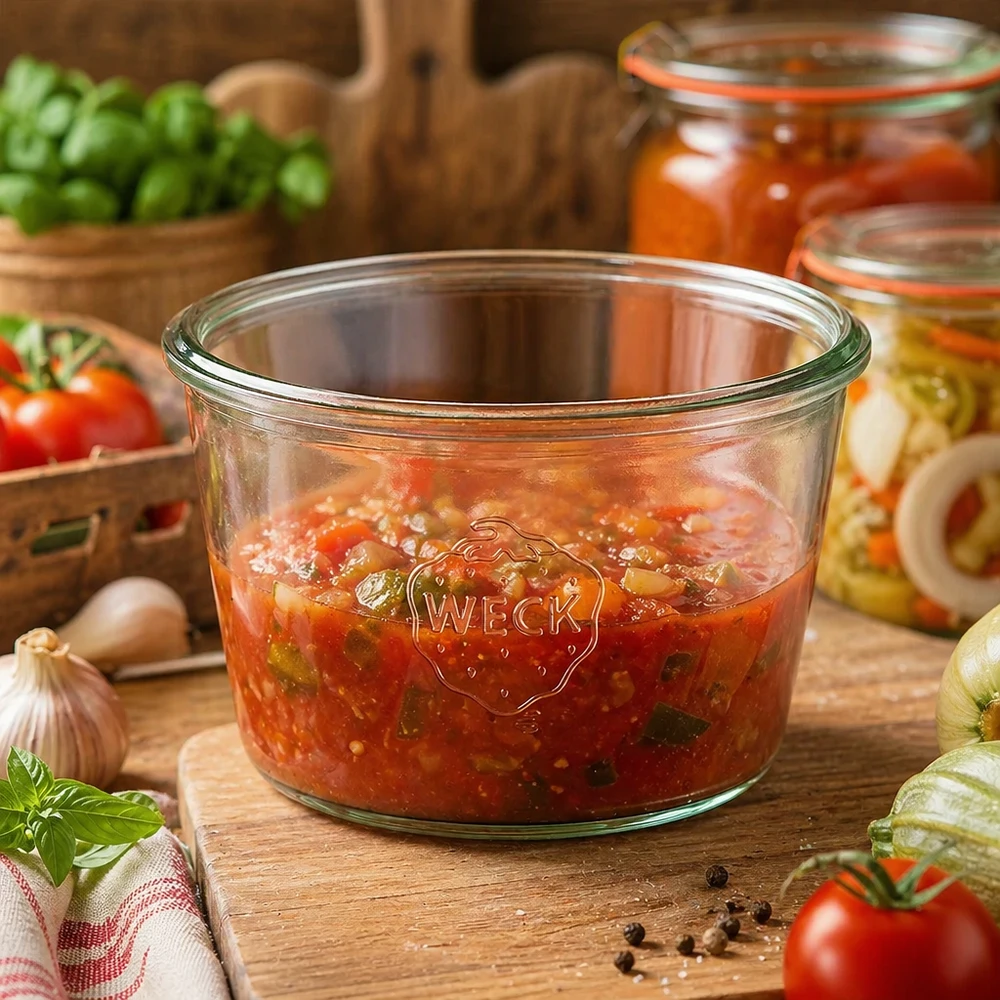 WECK 370 ml RR100 burk fylld med tomatsås på ett träbord bredvid färska tomater och örter