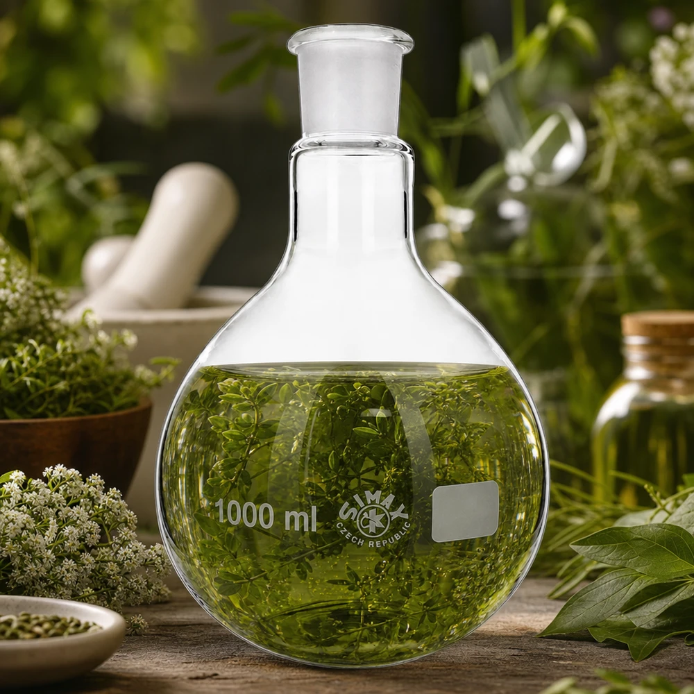 Höftkolv 1000ml med standardslipad fog (29/32) Glaskolv 1000 ml med örtextrakt och professionell standardiserad jordfog för botaniskt laboratoriearbete