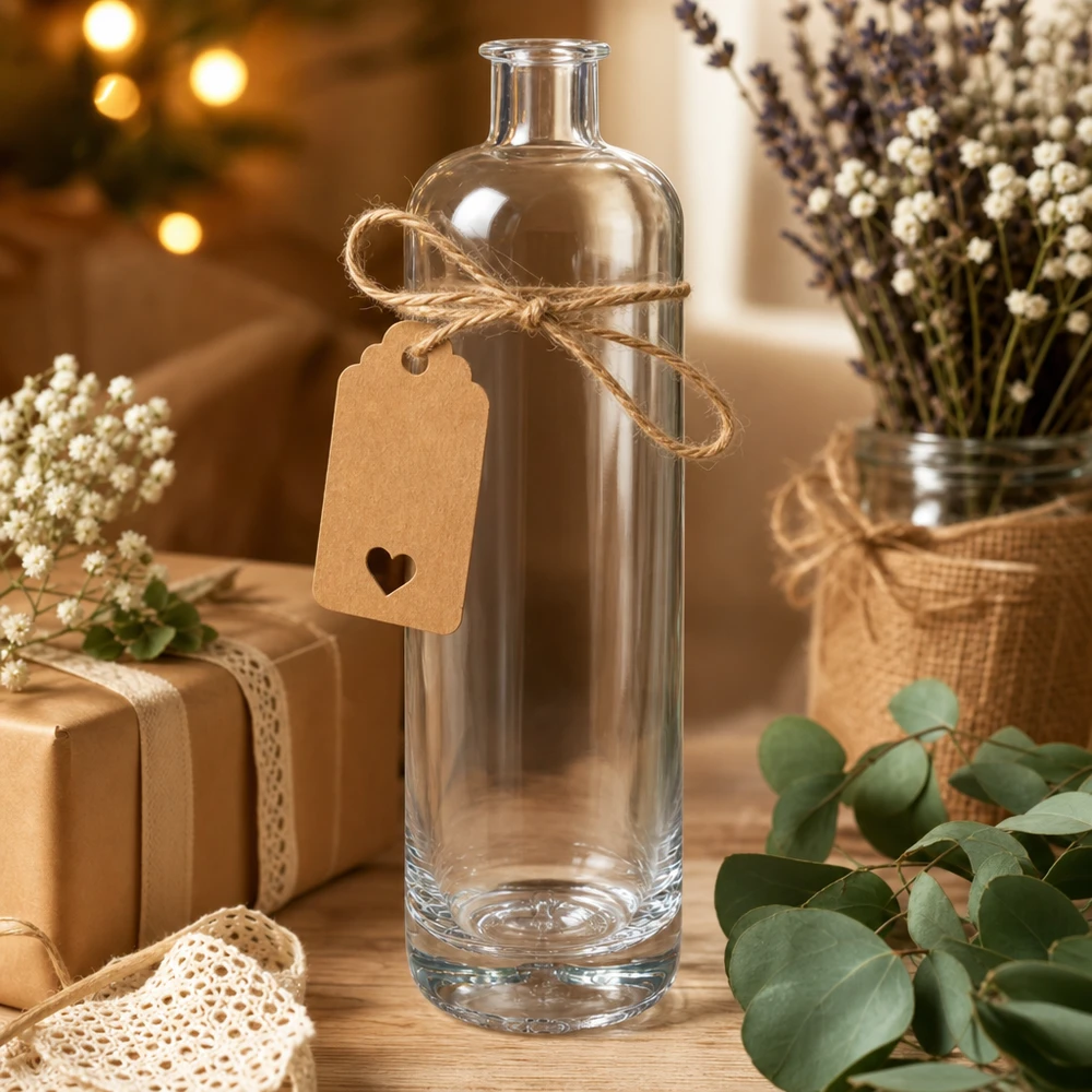 700 ml glasflaska Ella utan lock UNiTWIST® 700ml Glasflasche Ella dekorativ arrangiert mit Geschenkanhänger Juteschnur und getrockneten Blumen als Geschenkidee