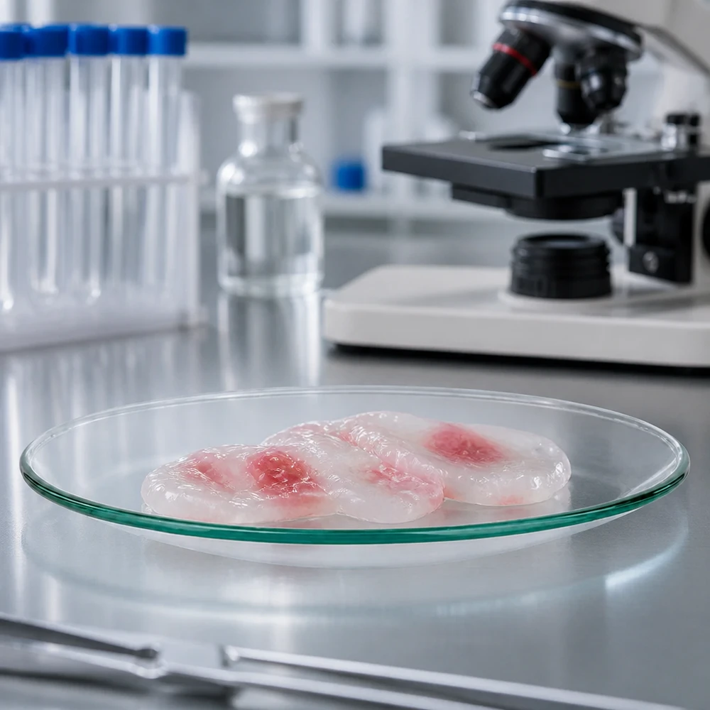 Glasskål för klockor ø60 mm Slät klockglasskål 60mm med rosa substansprover i en steril laboratoriemiljö för forskningsändamål