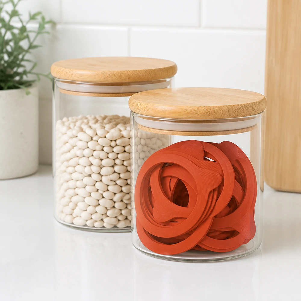 Konserveringsring av naturgummi RR100 Rote Einkochringe RR100 aus Naturgummi in Vorratsglas mit Bambusdeckel neben weißen Bohnen in moderner Küche