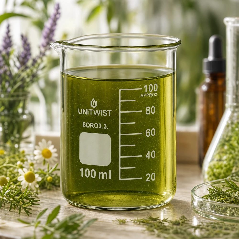 Bägare 100ml borosilikat, lågformad UNiTWIST UNiTWIST glasbägare 100 ml med grönt örtextrakt omgivet av färska medicinalväxter