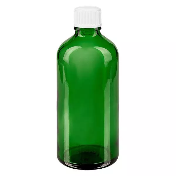 Apoteksflaska grön 100ml skruvkork vita kulor standard Apoteksflaska grön 100ml skruvkork vita kulor standard