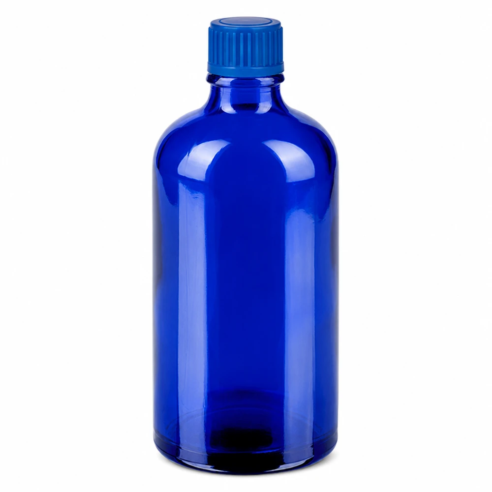 Blå glasflaska 100ml med skruvlock för kosmetika och läkemedel