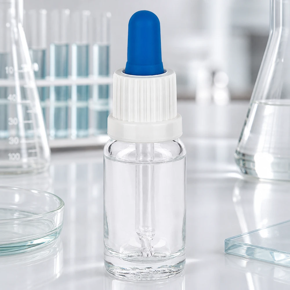 10 ml pipettflaska av klart glas i laboratoriet med provrör, bägare och petriskålar