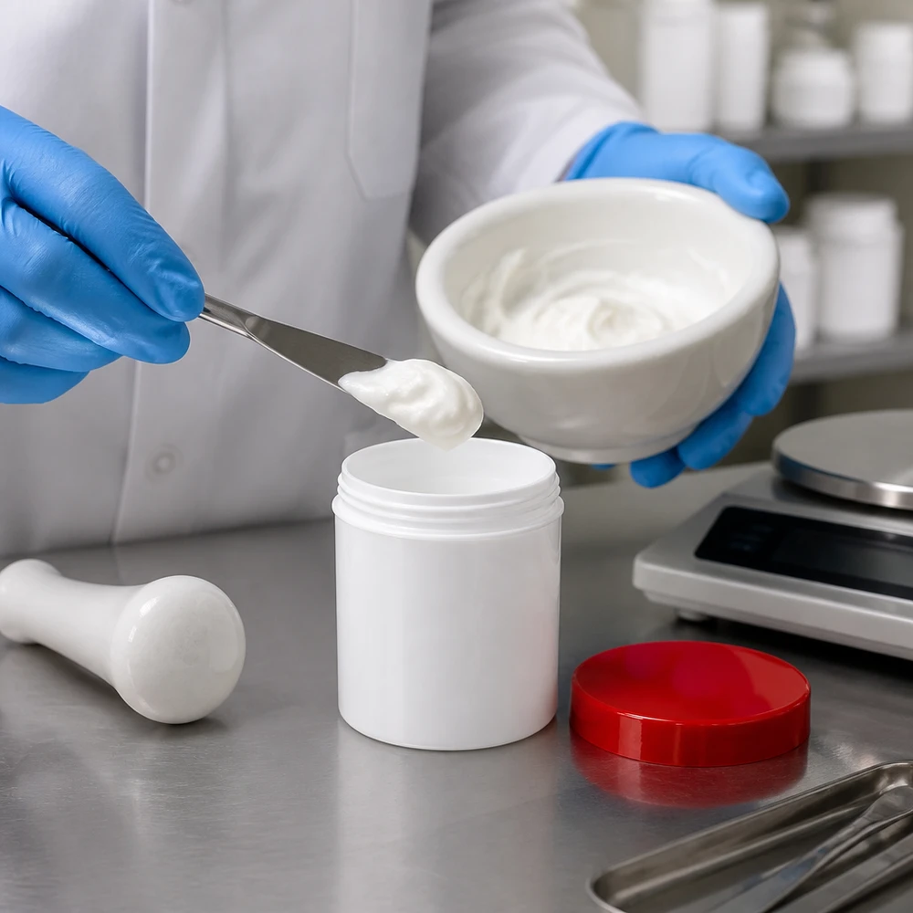 Salvburk 500g vit med rött skruvlock (polypropylen) Pharmakruke 500 g, vit med rött skruvlock av PP för salvor och krämer