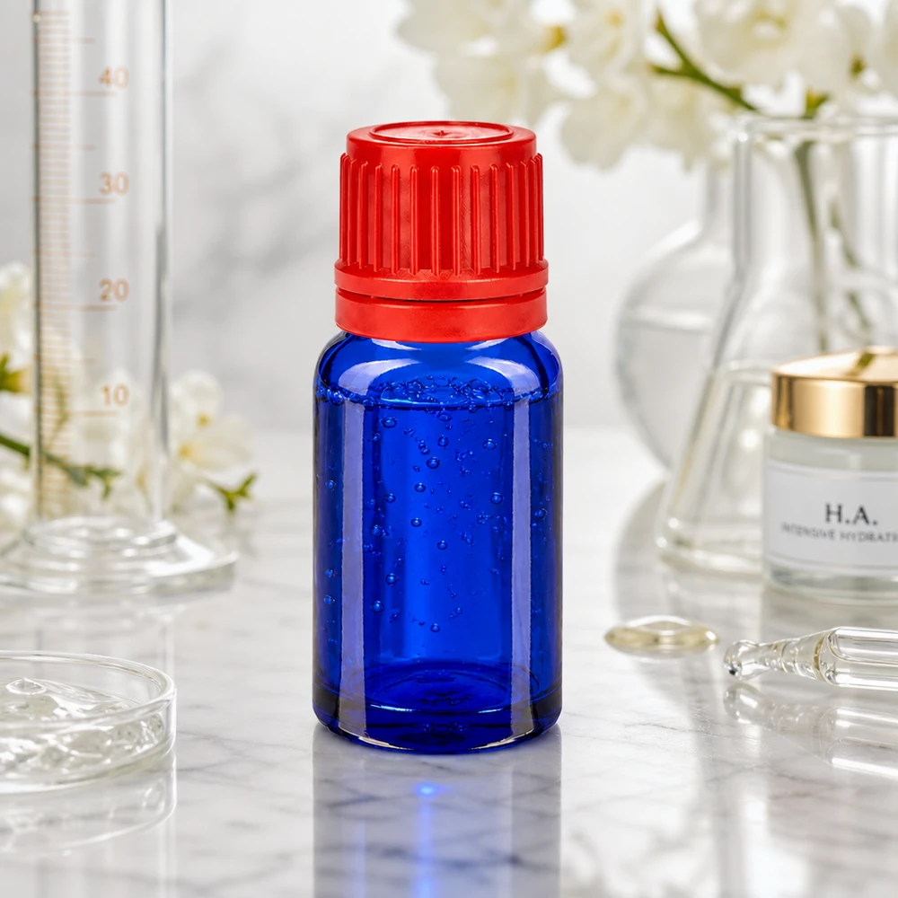10 ml flaska 11mm skruvkork röd med säkerhetslock BlueLine UT18/10 10 ml BlueLine glasflaska med halkfritt rillat rött lock för laboratorie- och kosmetisk användning
