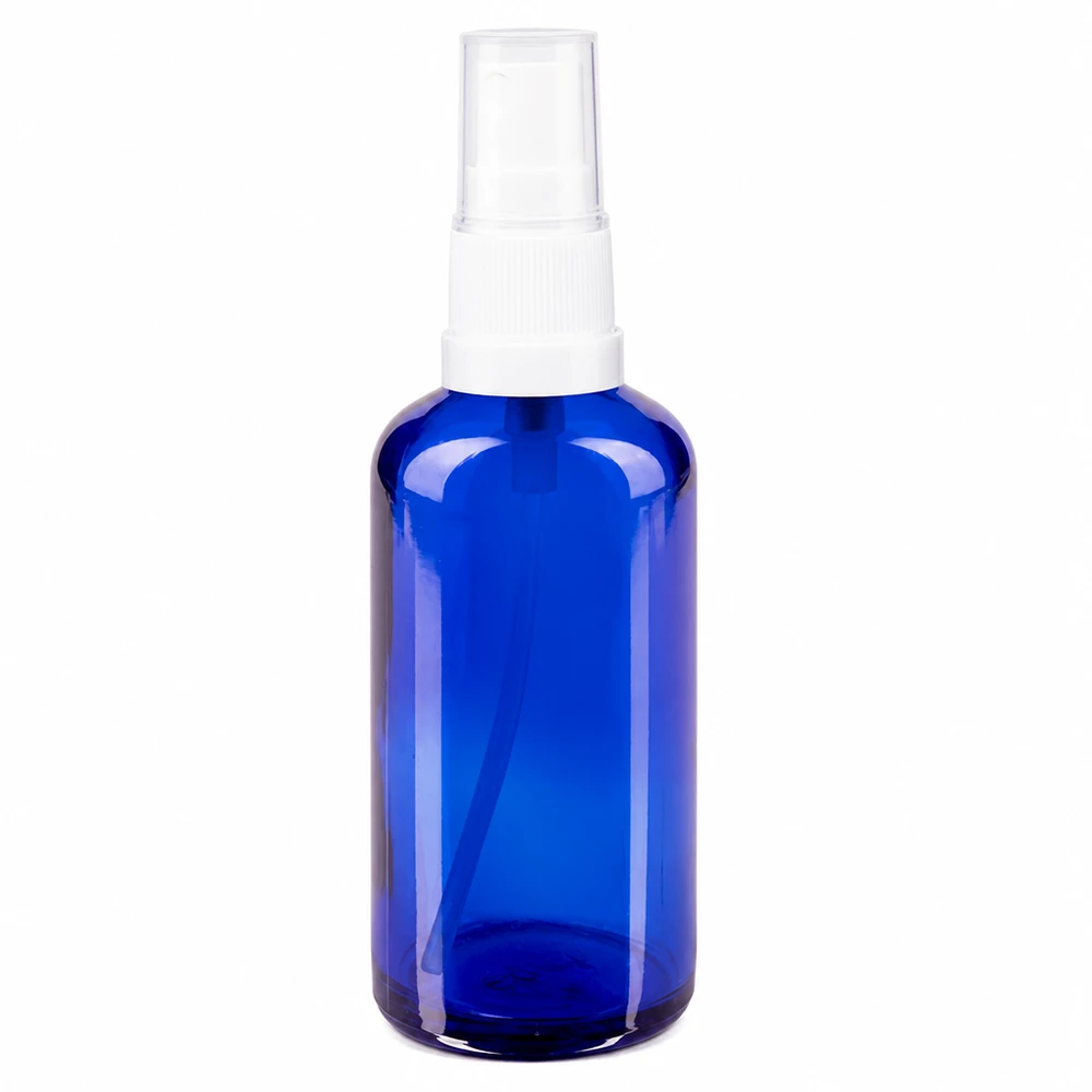 Apoteksflaska blå 50ml spray topp vit 50 ml blå glasflaska med sprayhuvud i vitt för apotek och kosmetika