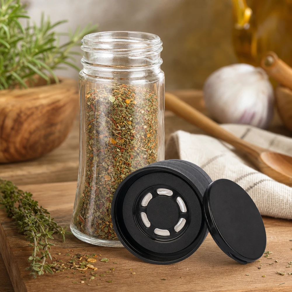 Litet kryddglas, 95 ml, med svart kvarn och ströfunktion för grovt salt