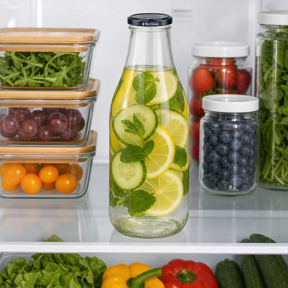 1000 ml glasflaska + BioSeal-lock svart UNiTWIST 1000 ml glasflaska med gurkvatten i kylen bredvid matlagningskärl bär grönsaker hållbar förvaring