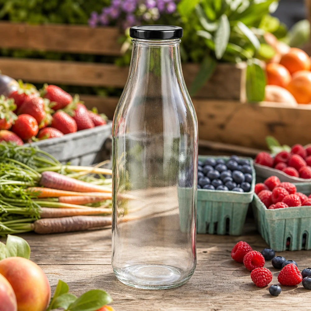 1000 ml glasflaska + BasicSeal-lock svart UNiTWIST 1000 ml glasflaska tom på ett rustikt träbord omgivet av färska bär, frukt och grönsaker utomhus