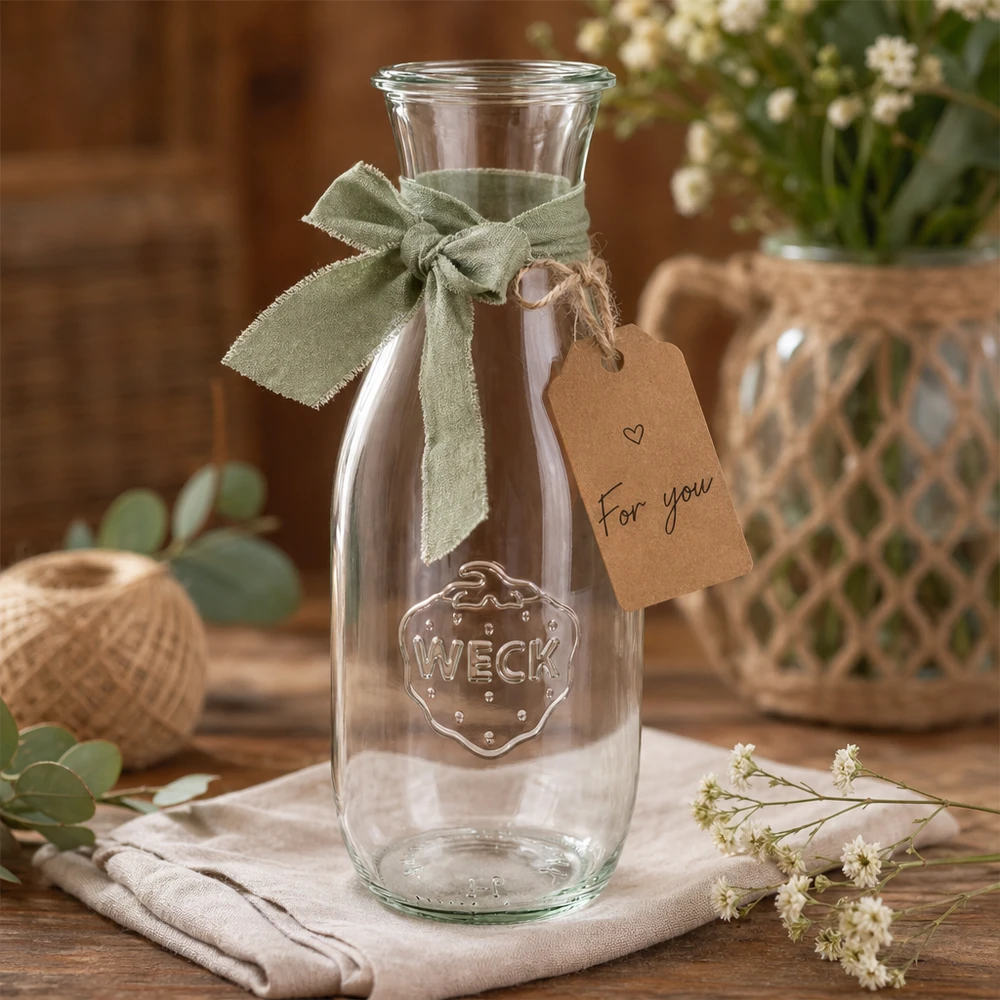 WECK juiceflaska 1062ml RR60 dekorativ med grönt band och presentetikett För dig mellan blommor