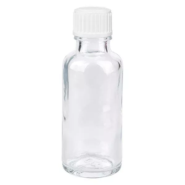 Apoteksflaska klar 30ml skruvlock vit standard Apoteksflaska klar 30ml skruvlock vit standard