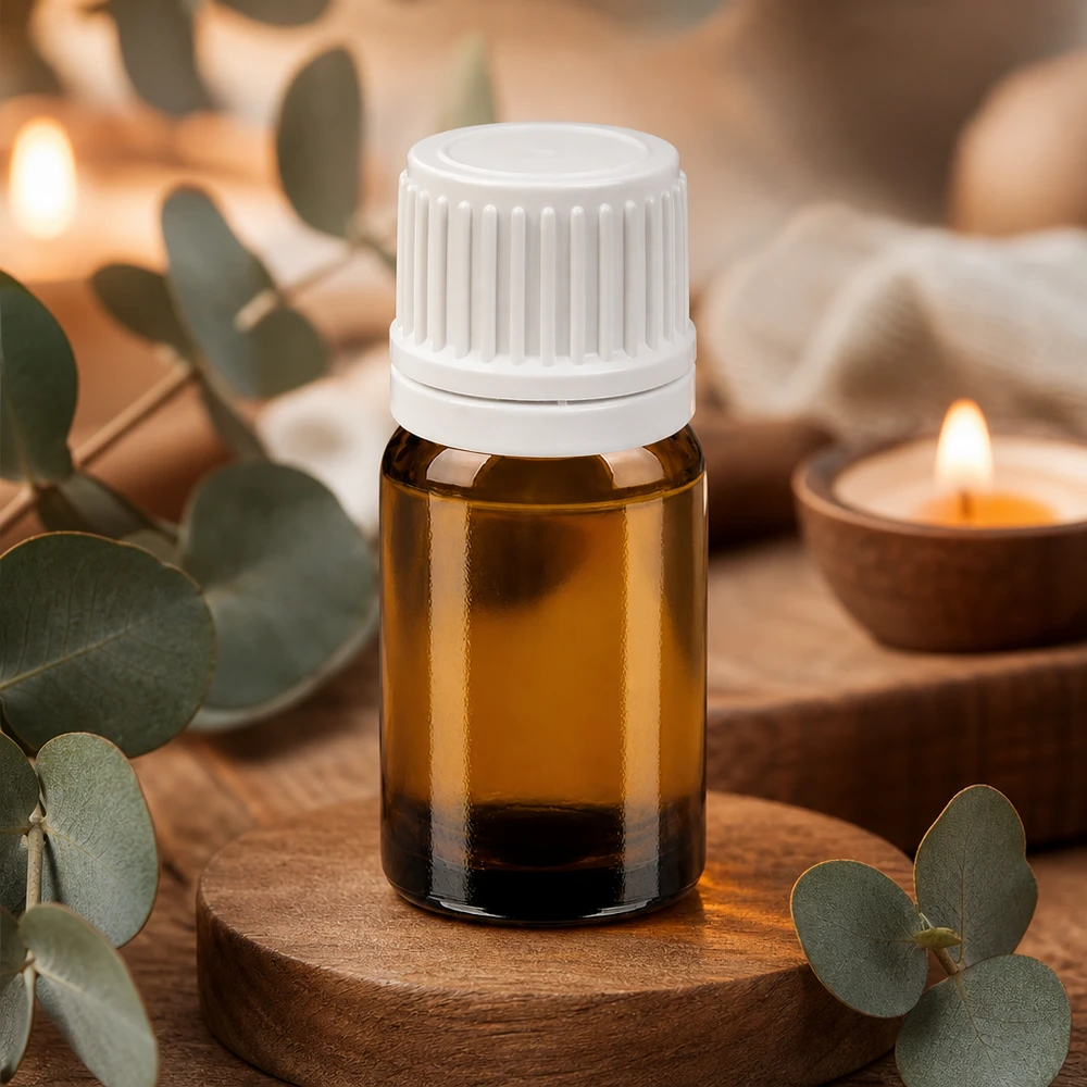 Liten 5 ml bärnstensfärgad glasflaska med vitt lock för aromaterapi och eteriska oljor