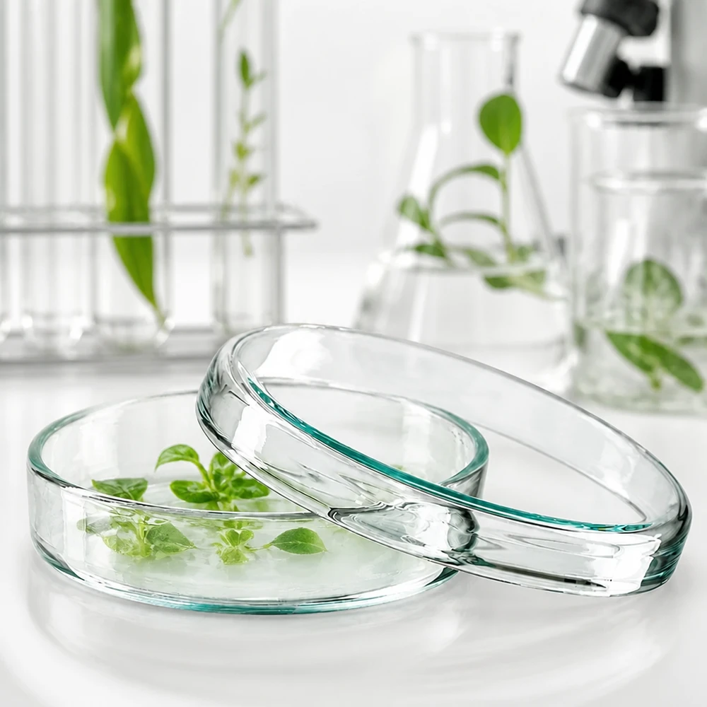 Petriskål i glas, 70 x 15 mm, med gröna plantor i näringslösning för botanisk forskning